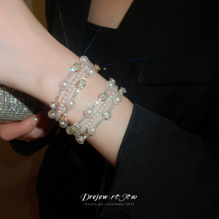 DREJEW Vòng tay mở tròn nhiều lớp ngọc trai dát kim cương kiểu Pháp vòng tay nhẹ nhàng sang trọng trang trí tay cao cấp