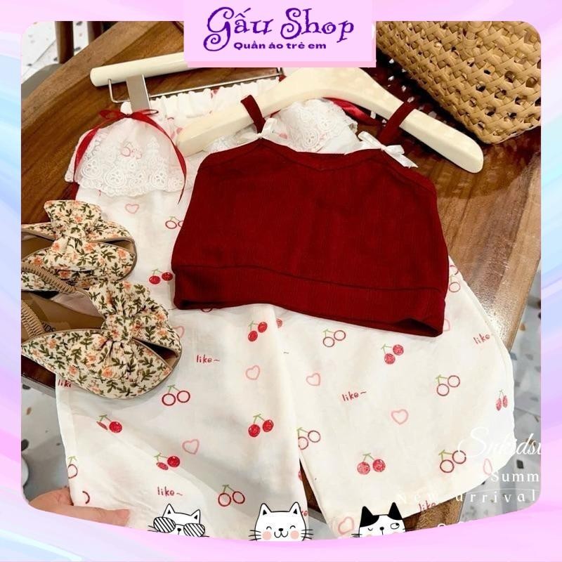 SN151 - Bộ quần áo bé gái, Set áo đỏ 2 dây quần cherry cho bé gái