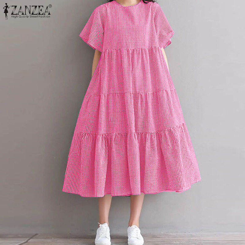 Đầm kẻ sọc dáng rộng cổ tròn ngắn tay ZANZEA dành cho nữ Hàn Quốc | BigBuy360 - bigbuy360.vn