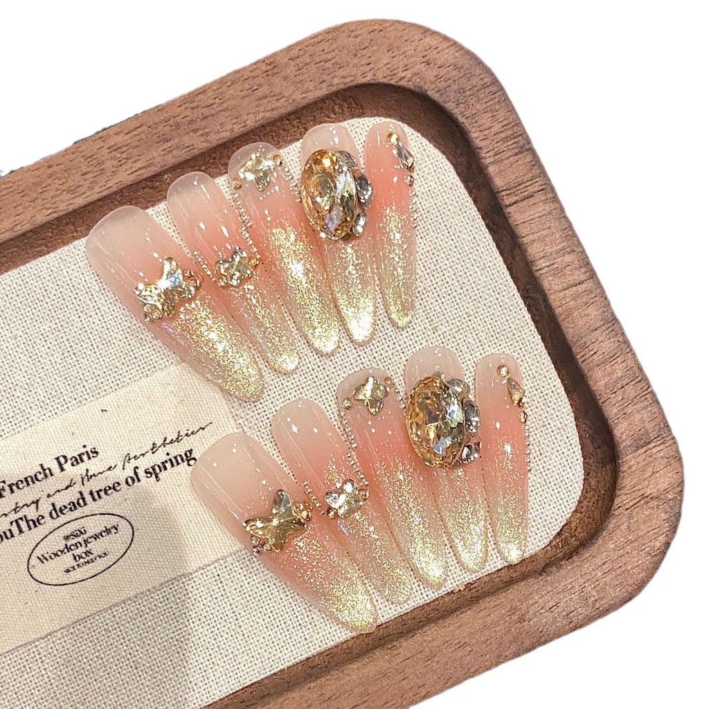Handmade Móng tay cưới Golden Cat Eye Móng tay giả dài có keo dán Phototherapy Nails Press On Nails 