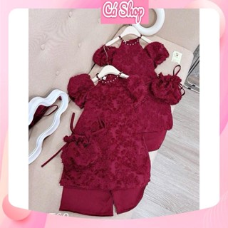Set áo dài tết bé gái CS736, Bộ áo dài cách tân đỏ rớt vai kèm túi xinh cho bé gái mặc tết