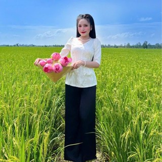 Áo bà ba Gấm Cổ Tim, 2 túi đính dây nơ, Tay phồng vai, Tay lỡ, quần lụa latin Women Nữ Top