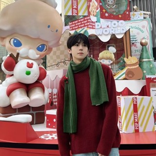 Giáng Sinh Mỹ Năm Mới Màu Trơn Áo Len Đỏ Nam Thu Đông Hợp Thời Trang Cổ Tròn Áo Len