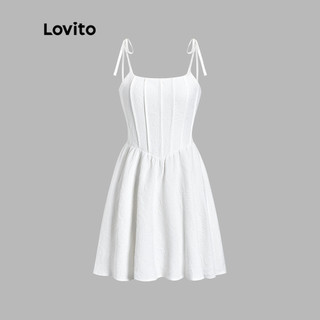 Đầm chữ A Lovito xếp ly thắt dây trễ vai màu trơn cơ bản cho nữ LNE02166 (màu trắng)