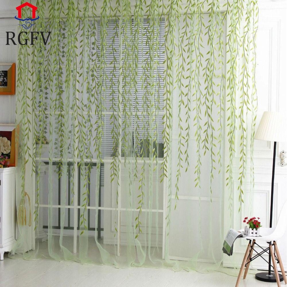 Rèm lá liễu RGFV, Rèm vải tuyn gạc cửa sổ, Điều trị cửa sổ Màu xanh lá cây Phong cách mục vụ lãng mạ