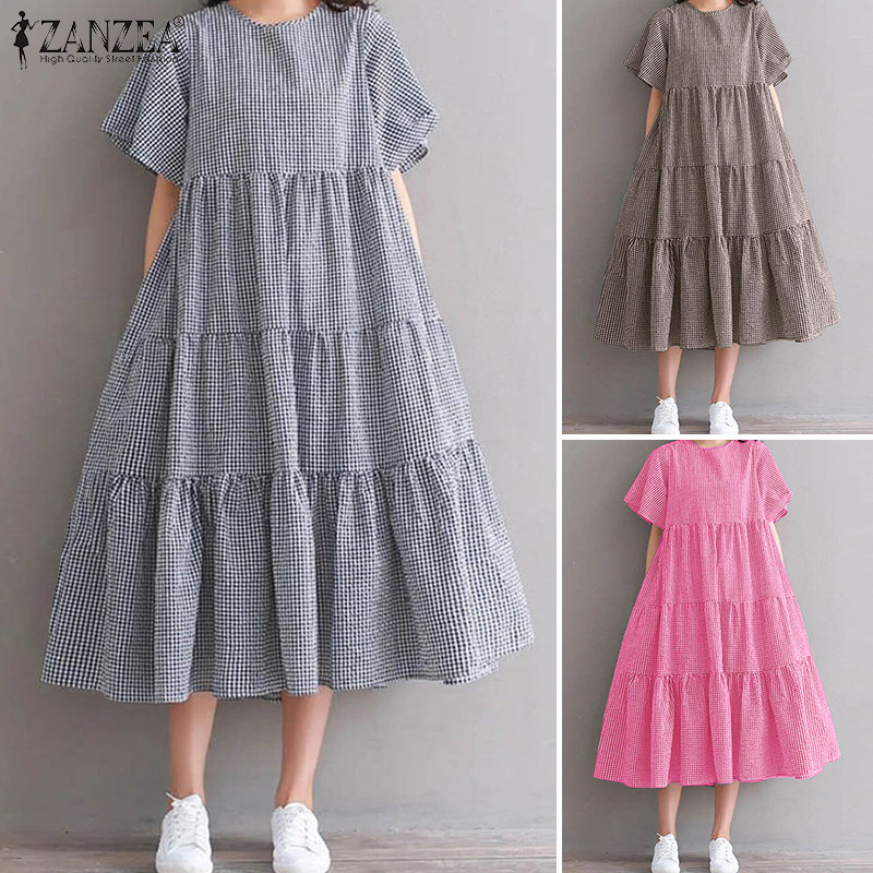 Đầm kẻ sọc dáng rộng cổ tròn ngắn tay ZANZEA dành cho nữ Hàn Quốc | BigBuy360 - bigbuy360.vn