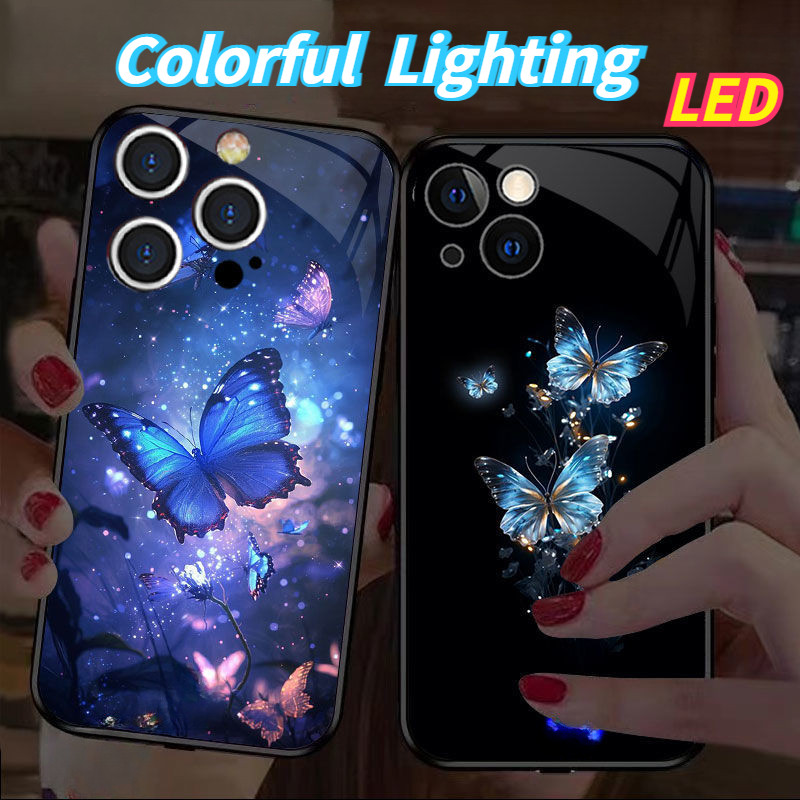 Kính bướm Đèn LED phát sáng vỏ điện thoại Vỏ bảo vệ iPhone 16promax 16pro 16 15 15Promax 15pro 14Pro