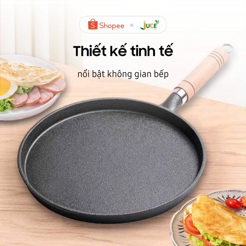  Chảo gang đúc đáy phẳng 20cm nguyên khối chống dính tự nhiên - Dùng cho bánh xèo bít tết nướng rán 