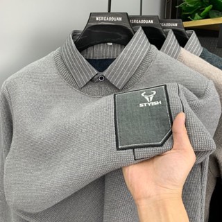 Áo Sơ Mi Cổ Áo Len Hai Mảnh Giả Nam Lông Cừu Lót Dày Rời Mùa Đông Một Mảnh Lông Cừu Dệt Kim Ấm Áp Đáy Áo Sơ Mi