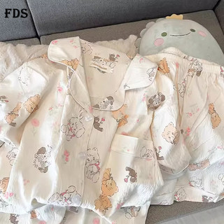 Bộ đồ ngủ cô gái ngọt ngào cổ bẻ cotton đám mây mùa hè phong cách Instagram quần short ngắn tay trang phục tại nhà cho nữ
