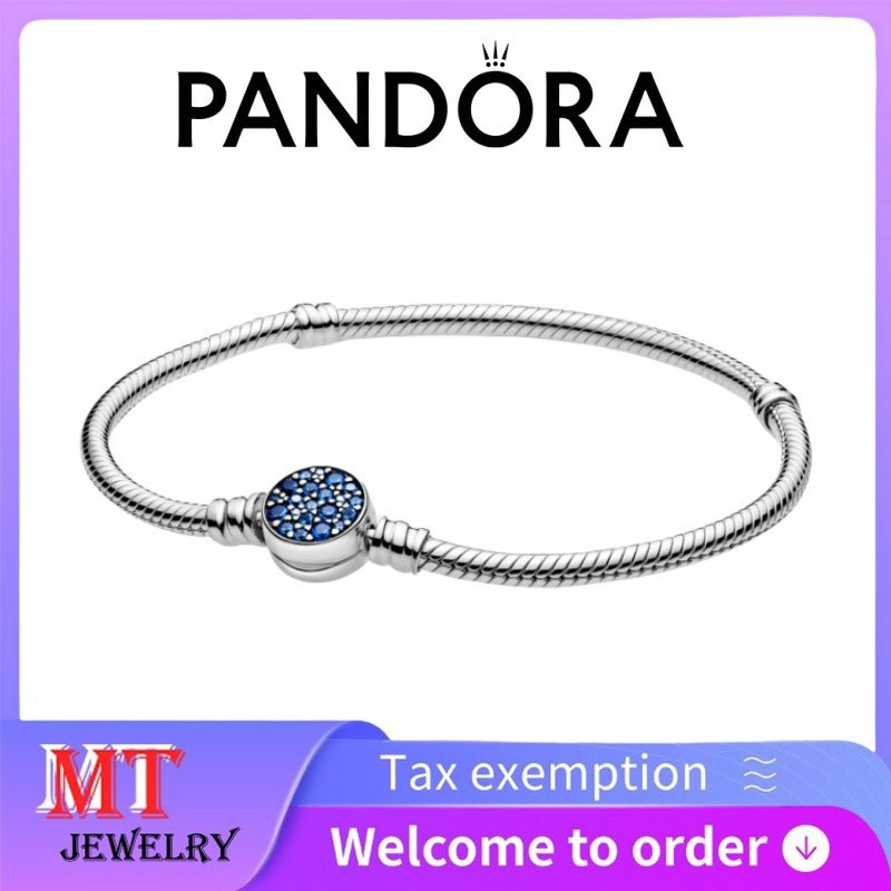 100% S925 Bạc Cặp Đôi Nữ Pandora Trang Sức DIY Pandora Moments Lấp Lánh Đĩa Xanh Khóa Rắn Dây Xích V