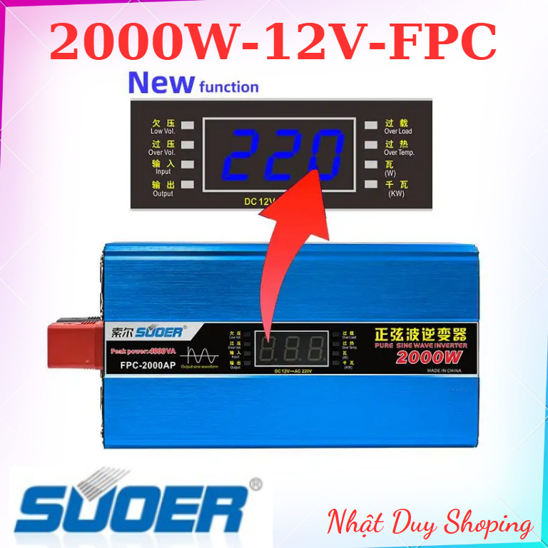 Bộ đổi điện sin chuẩn Suoer 2000W 12v sang 220v có Led hiển thị - FPC-2000AP - 12V  đúng công suất.H
