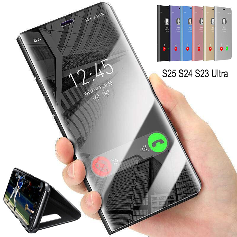Ốp Gương Mạ Cho Galaxy S25 S26 S24 S23 Ultra FE A54 A55 A56 5G Clear View Casing Trong Suốt Flip Cov