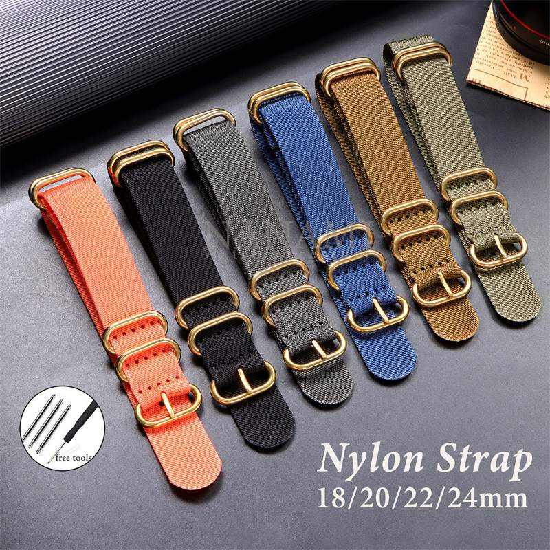 Dây đeo đồng hồ vải NATO 18–24mm, nylon mềm, khóa vàng, vòng ZULU, thể thao