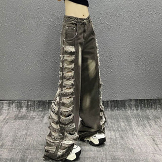  Quần bò ống đứng rách bên hông phong cách đất hoang kiểu Mỹ quần ống rộng tôn dáng gầy dễ phối rộng rãi cổ điển cỡ lớn cho nữ 