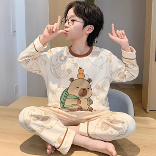 Bộ Đồ Ngủ Cotton Dài Tay Cho Bé Trai – Pijama Mùa Thu Họa Tiết Capybara Dễ Thương