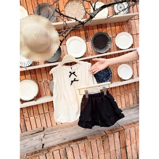 Bộ quần áo babydoll áo ba lỗ xếp ly đính nơ quần đùi dáng rộng- Thời Trang Trẻ Em Từ 8-21kg - E17