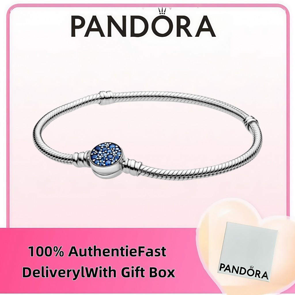 Miễn thuế 100% s925 bạc trang sức Pandora nhẫn trang sức Pandora Moments Sparkling Blue Disc Clasp S