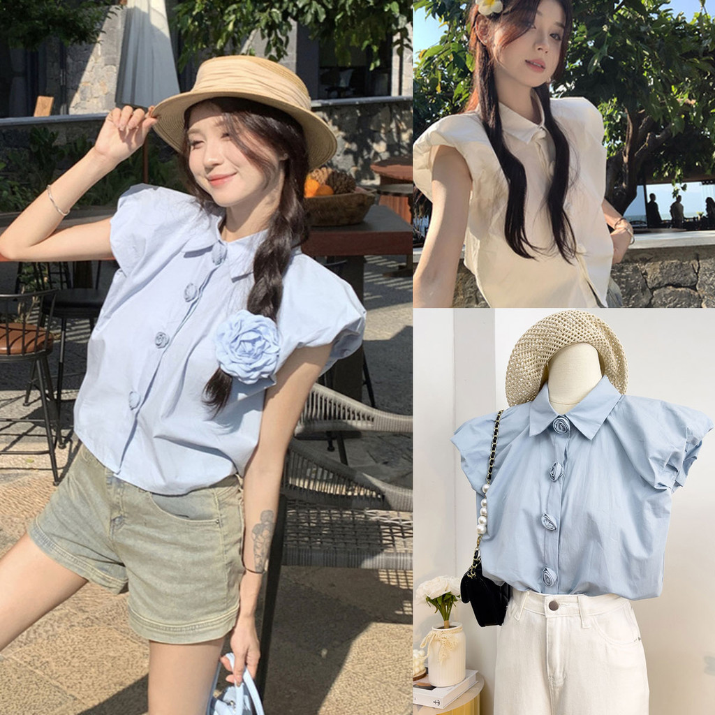 Dahong Phong Cách Pháp Áo Sơ Mi Tay Ngắn Màu Trơn Mới Thời Trang Nữ Hàn Quốc W590