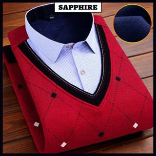 Áo Sơ Mi Nam Giữ Nhiệt Mùa Đông áo len dệt kim chui đầu trung niên in hoa giả Hai Lớp Lót nhung dày