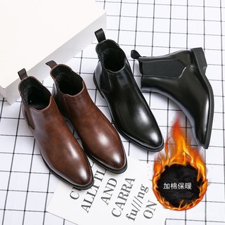 Bốt giữ ấm lót nhung mùa đông Bốt ngắn nam bốt mũi nhọn thu đông Giày da cao cổ bốt da