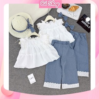 X73, (Tặng mũ + nơ)Set áo ren trắng babydoll quần jean giấy chấm bi cho bé gái đi chơi, đi biển