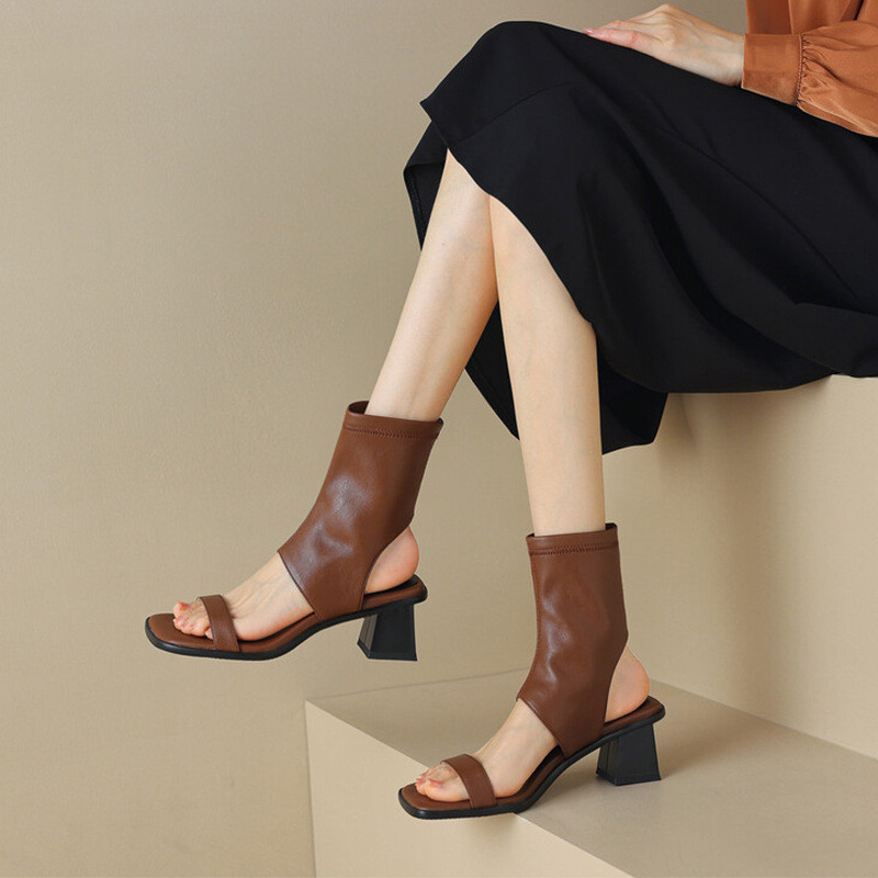 Giày sandal cao cổ hở mũi kiểu Hàn Quốc mới cho phụ nữ, gót chunky, giày boot co giãn, giày mùa hè