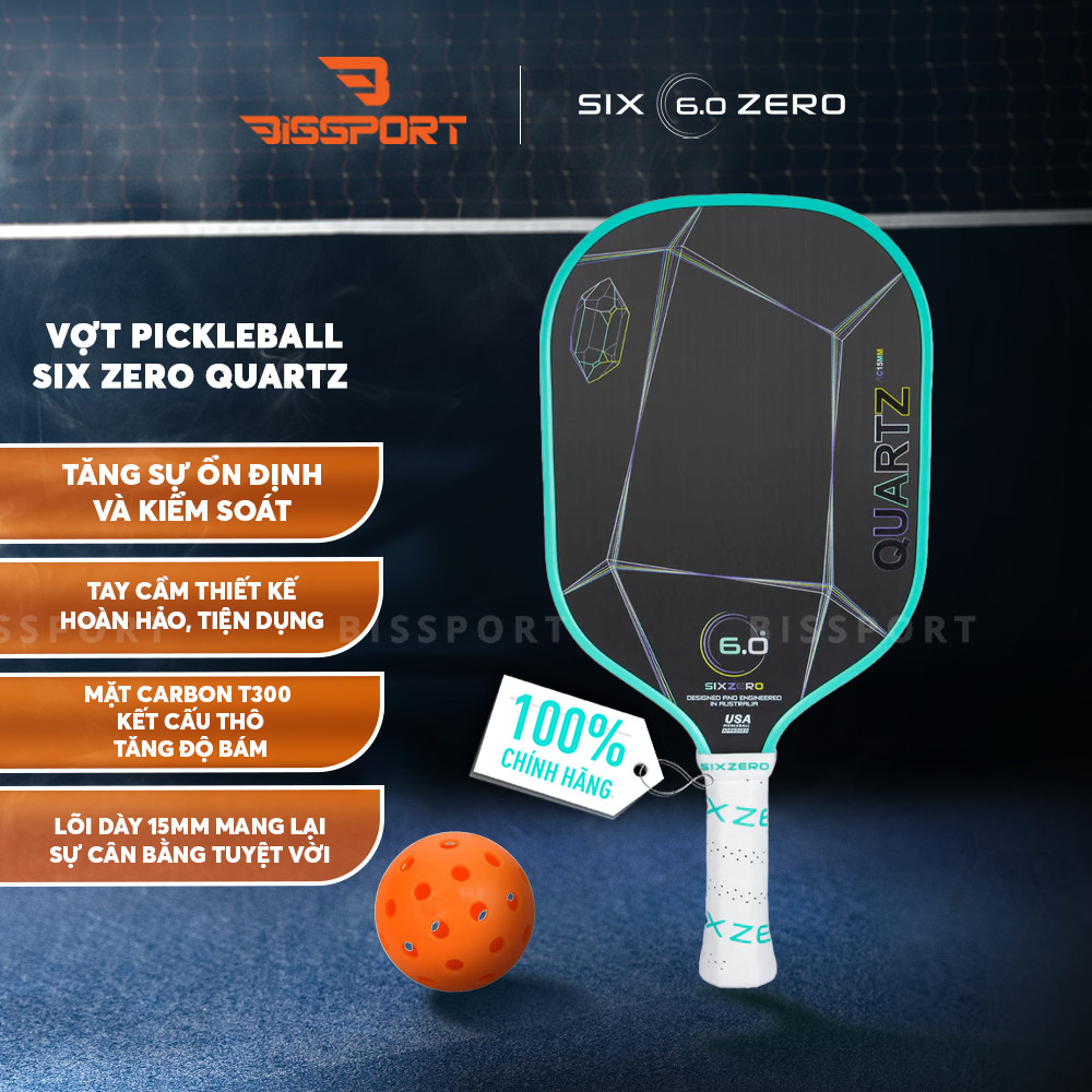Vợt Pickleball Six Zero Quartz Chính Hãng Đen Viền Xanh - Đập Mạnh Mẽ, Kiểm Soát Hoàn Hảo - Lõi Comp