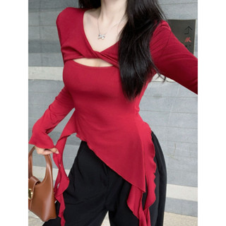 Ruffles Top Hàn Quốc Áo thun dài tay Slim Fit Áo hợp thời trang cho nữ Quần áo trơn trắng đỏ