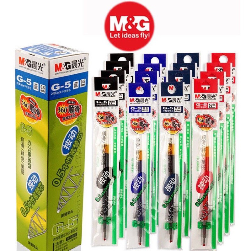 [ HỘP 20 cây ] Ruột bút bi nước, bút gel, bi béo Thần Quang M&G MG M G M and G G5, dùng cho bút R1, 