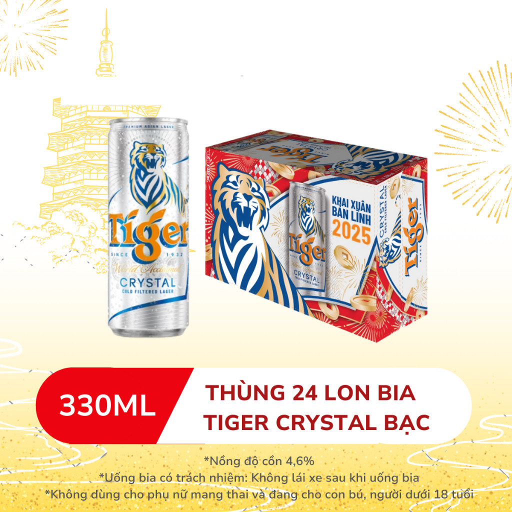 Bia TIGER Crystal Bạc 330ml - Nồng độ cồn 4,6% (Thùng 24 lon) (Date xa)