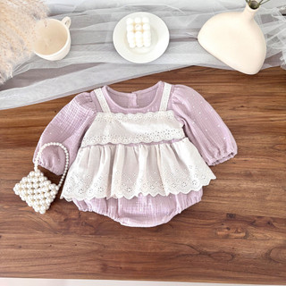  Ins Thu Đông Bé Gái Sơ Sinh Đơn Giản Và Thường Ngày Màu Trắng Chấm Bi Họa Tiết Màu Tím Cotton Dài Tay Romper Quần Áo Cho Bé 0-24 Tháng 