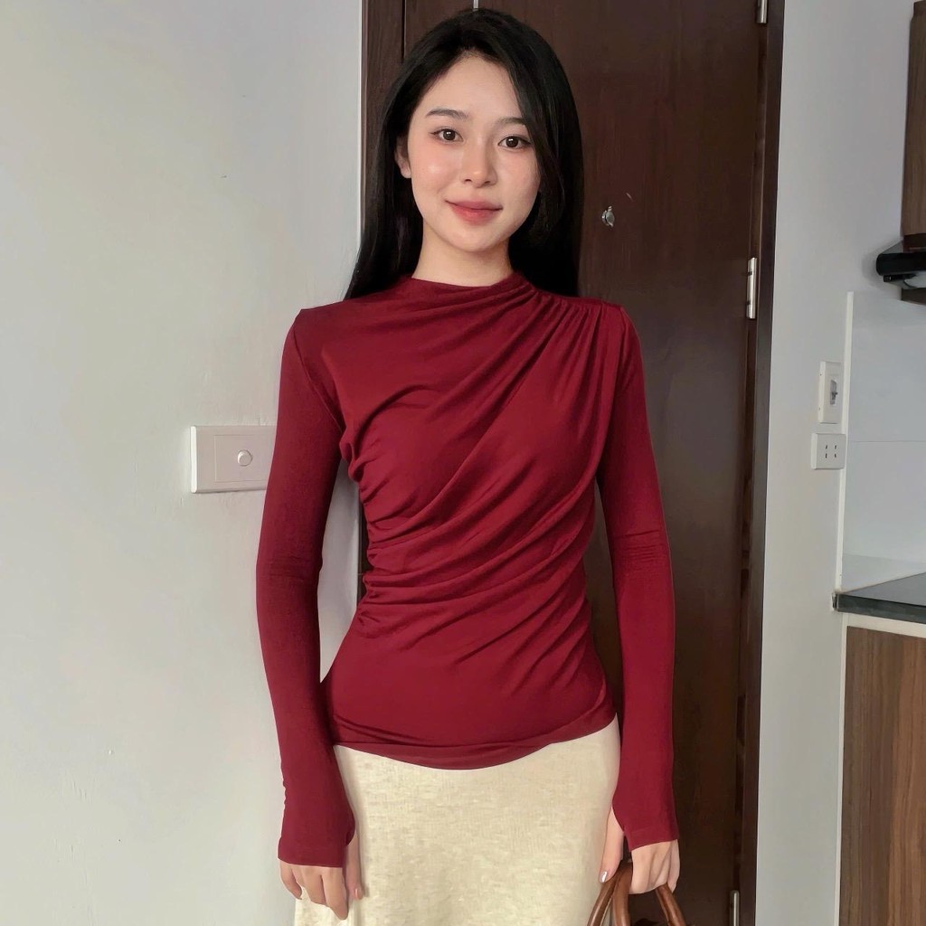 Áo thun nữ dài tay cổ tròn rúm eo tôn dáng, chất liệu cao cấp COTTON ZIP co giãn 4 chiều, mềm mịn - 196 Top Women | BigBuy360 - bigbuy360.vn