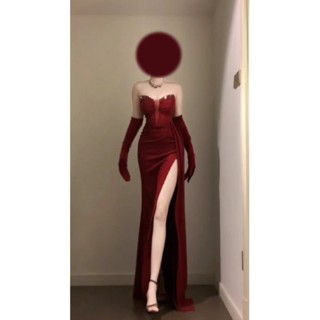 HELA CHAU Váy Liền Váy Liền Áo Ống Màu Đỏ Váy Dài Tiệc Xẻ Tà Khí Chất Gợi Cảm Dự Tiệc Thu Đông Mẫu Mới 2024 Cho Nữ