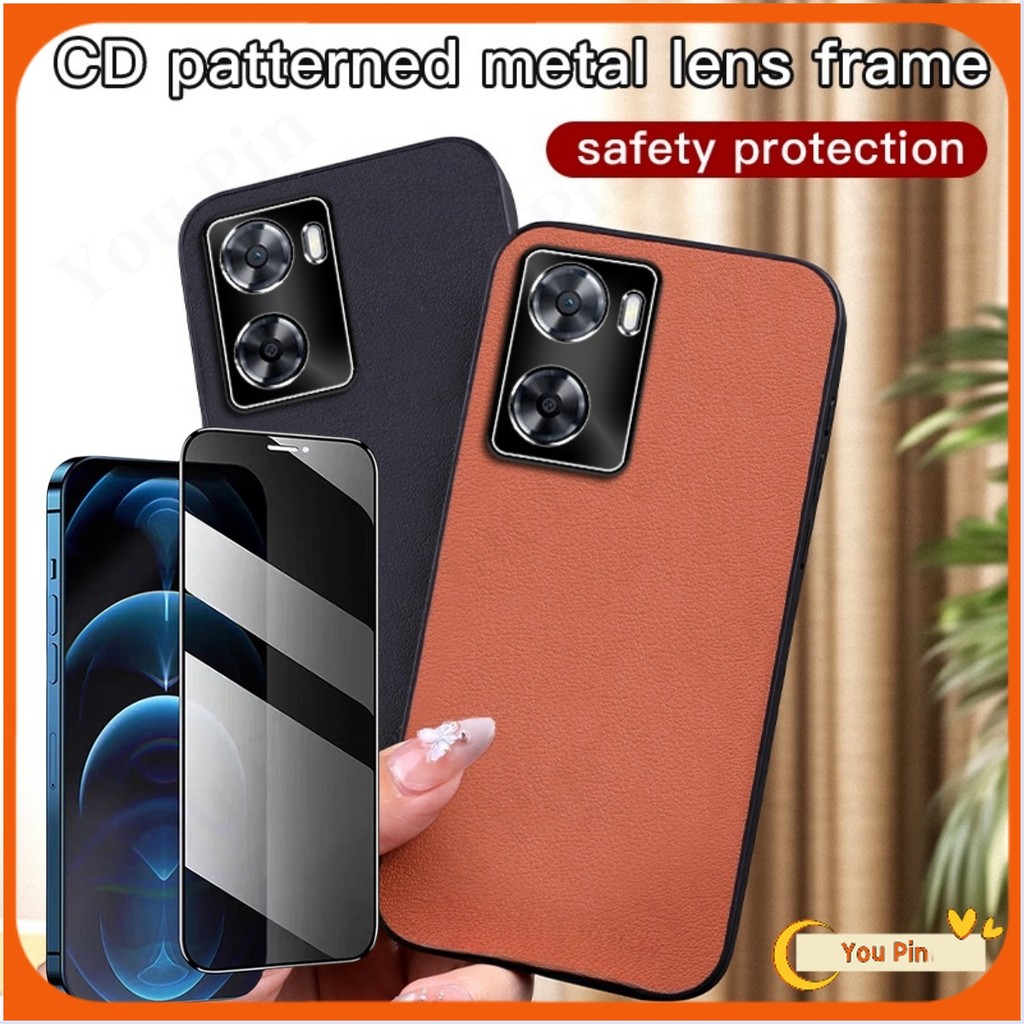 Ốp lưng + Phim chống gián điệp cho Oppo A57 A77 A77S 2022 Vỏ điện thoại di động họa tiết da đơn giản