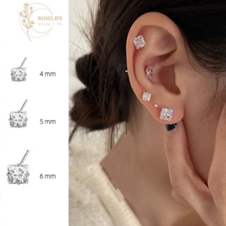 Roselife S925 Bạc Tối Giản Lấp Lánh Zircon Cube Xuyên Bông Tai Dành Cho Nữ Cô Gái Thời Trang Sang Trọng Đeo Hàng Ngày Bông Tai Vuông Phụ Kiện Trang Sức