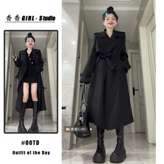 Áo khoác trench coat hai bên ngực cổ bẻ phong cách Anh Áo khoác dài màu đen cảm giác cao cấp mẫu mới 2024 thu đông cho nữ