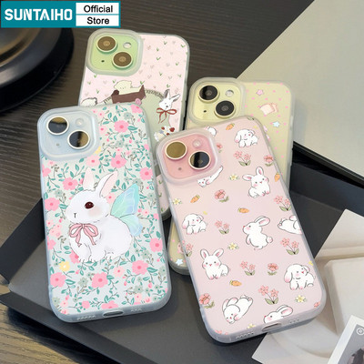 Suntaiho Hồng Với In Hình Thỏ Ngọt Ngào Dễ Thương Thỏ Hoa Vỏ Điện Thoại TPU Mờ Mềm Chống Sốc Cho iPhone 11 12 13 14 15 16 Pro max IP 7 8 Plus Iphon X Xs XR Xs max