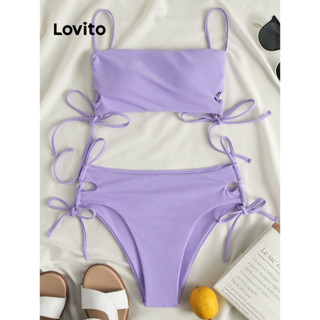  Áo bikini Lovito phối dây rút buộc dây màu trơn phong cách sexy cho nữ LNL36161  Tím nhạt Đen  