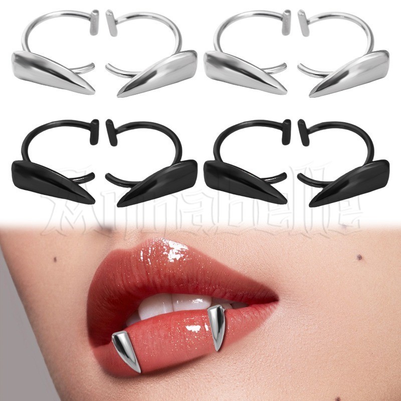 Kẹp môi Fangs bằng thép không gỉ - Răng giả sắc bén - Kẹp môi xỏ khuyên giả - Trang sức môi Gothic -