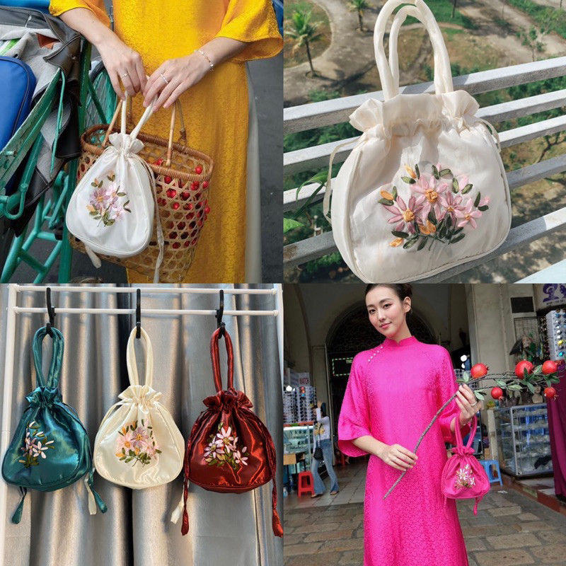 Túi Xách Cầm Tay thêu hoa ruy băng vải satin bóng trơn làm phụ kiện cho áo dài, yếm ngày tết Tiệm Cói Xinh