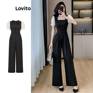 Lovito Bộ áo liền quần thanh lịch Vải trơn khâu Colorblock Ruffle Jumpsuit dành cho nữ L96MD066
