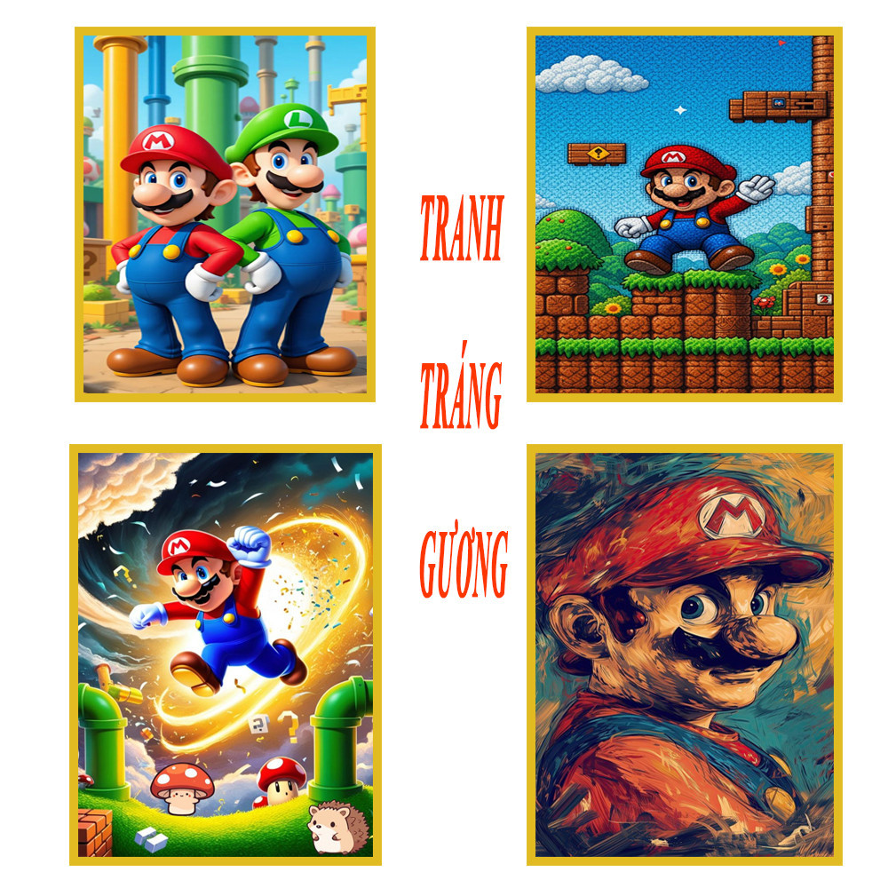 Tranh SUPER MARIO tráng gương gỗ sáng bóng dễ lau chùi,độ bền trên 10 năm,decor phòng ngủ quà tặng