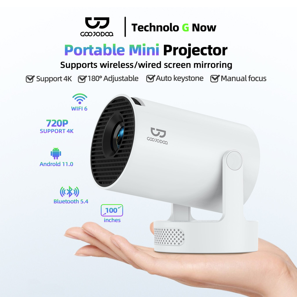 Máy chiếu di động siêu di động GOOJODOQ 720P 4K 210 ANSI Android 11 Góc tự do 180° Bluetooth 5.2