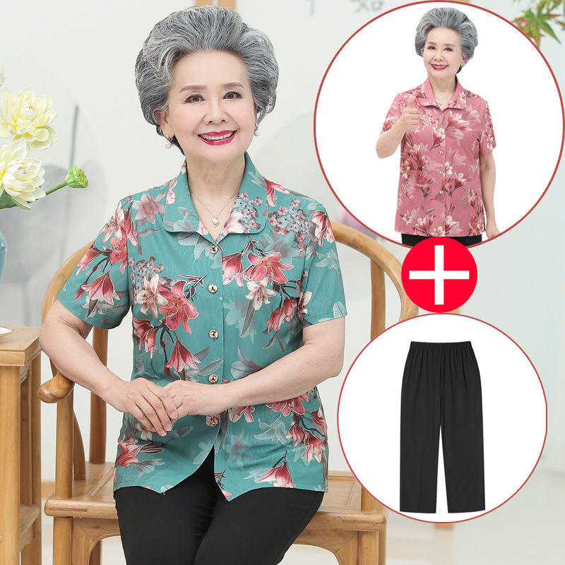 Quần Áo Người Cao Tuổi Nữ Tay Ngắn 70 Tuổi 80 Tuổi Bà Quần Áo Bà Già Quần Áo Mùa Hè Ice Silk Áo Sơ M