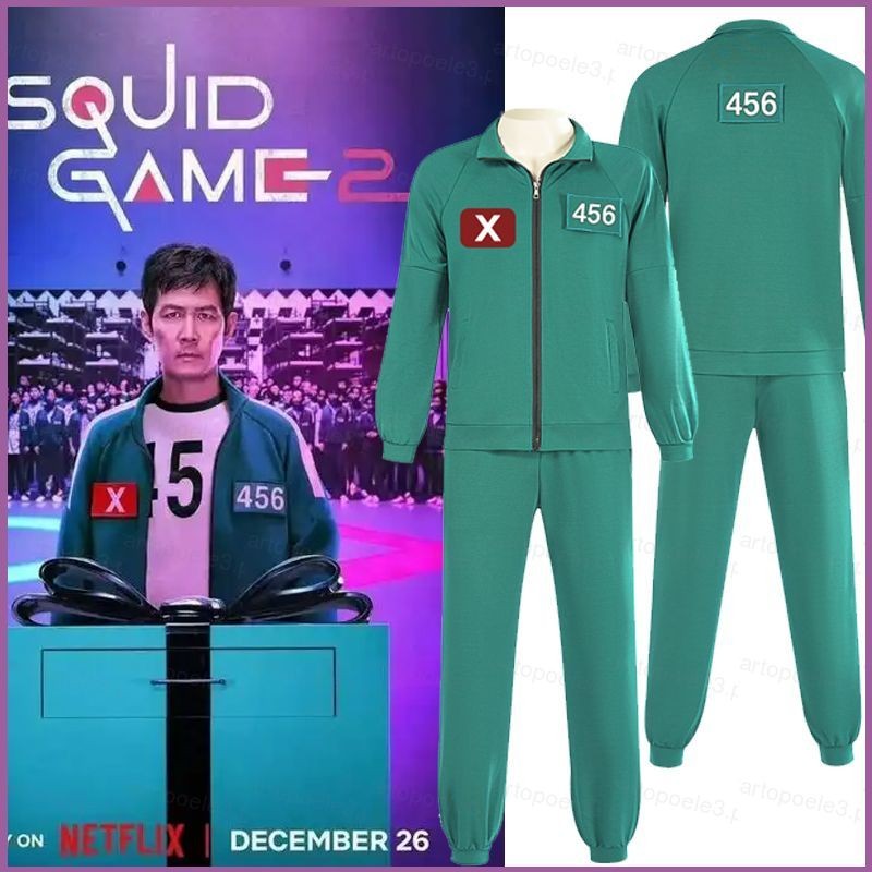 Ellen Squid Game 2 cosplay vải đỏ áo liền quần thể thao màu xanh lá cây áo hoodie bộ trang phục sân 