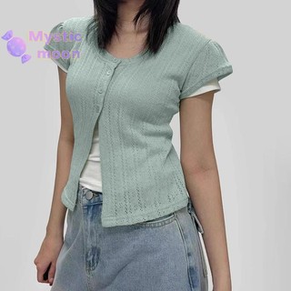[Mystic] Áo len dệt kim rỗng Bohemia dành cho nữ có nút cắt ngắn tay giản dị [Mới]