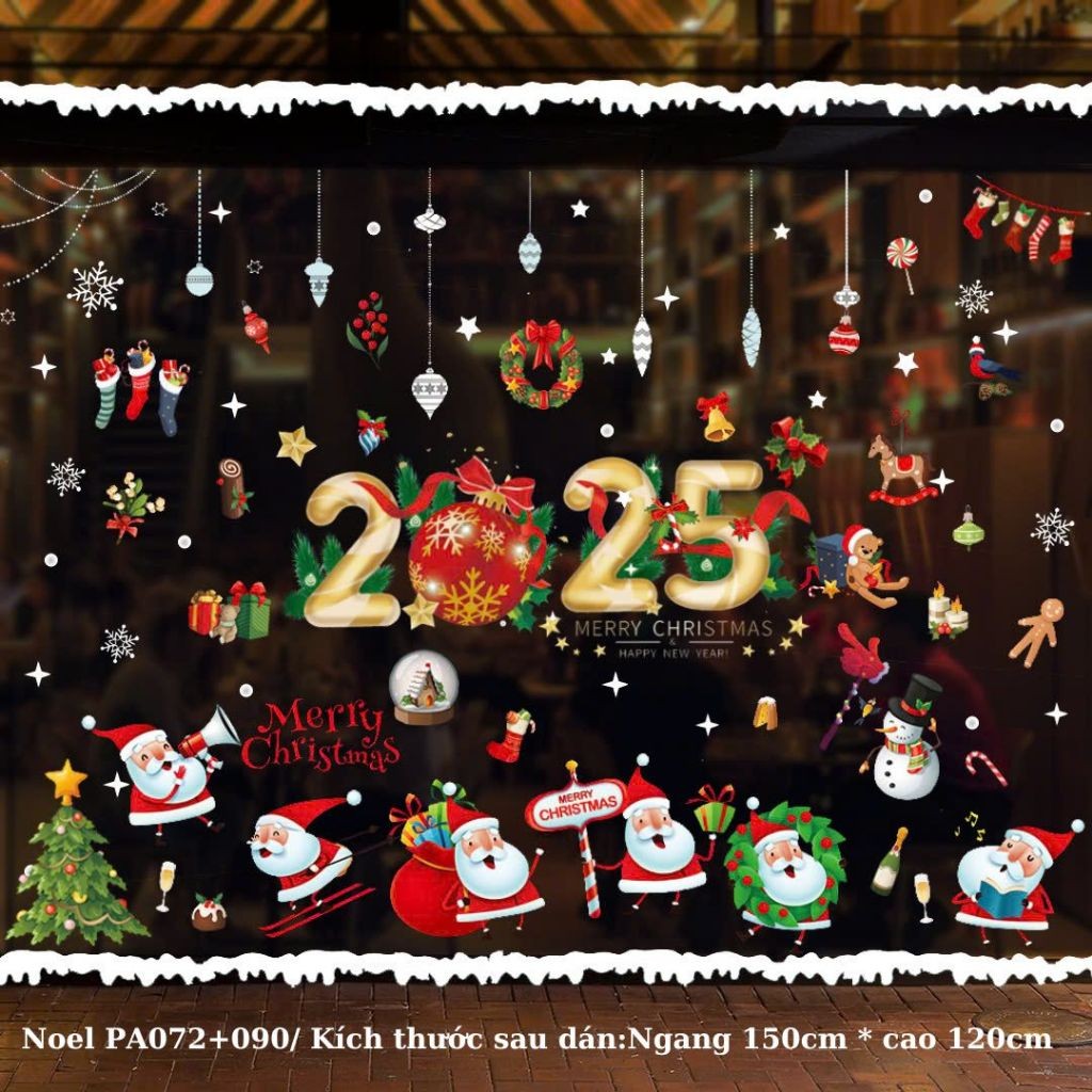 Decal noel dán kính tĩnh điện, sẵn keo size to in 2 mặt dán tường, dán kính trang trí giáng sinh noe