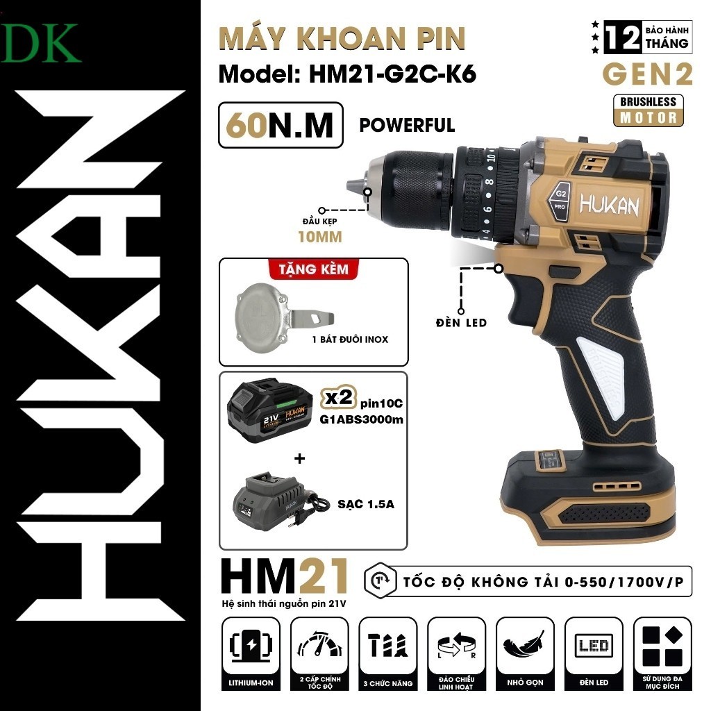 Máy khoan pin HUKAN HM21-G2C-K6, Động cơ Không chổi than, 3 Chức năng. Shop DEKTON giá sĩ