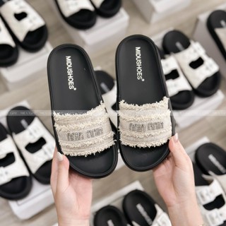 Dép MIDU Đế Bánh Mỳ, Da Mềm Cao Cấp Quai Vải Tua Rua Đính Đá 2 Màu 3 Phân  [PHOM NHỎ TĂNG SIZE]